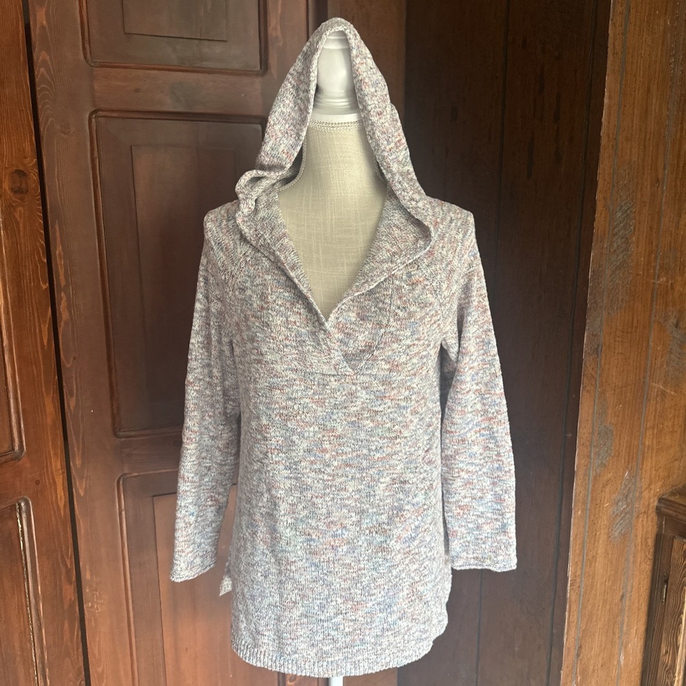 Womens J. Jill Hood V-neck Tunic Pullover Sweater Small Petite‎ Multicolor Knit